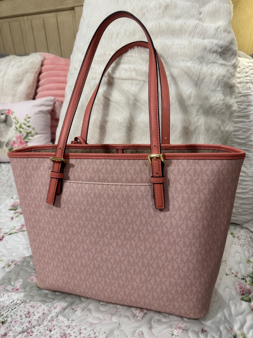 Michael Kors Jet Set Sherbet and Coral Stripe Medium Carryall Tote - Picture 2 of 9